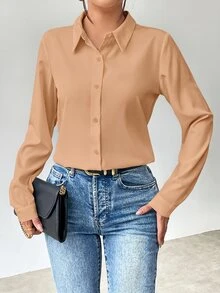 Structelle 女款純色前開鈕扣長袖襯衫，秋季長袖上衣 - 卡其色 - 查看 7