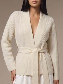 COSMINA 女款休閒優雅極簡長袖前綁帶針織衫，百搭秋季辦公室黑色秋裝冬季女裝 - 杏色 - 查看 6