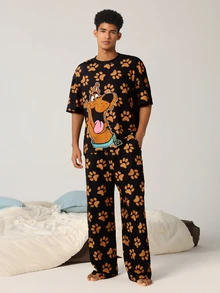 SCOOBY-DOO X SHEIN Men's Round Neck Short Sleeve Top And Long Pants Loungewear Set - Coffee Brown - View 3