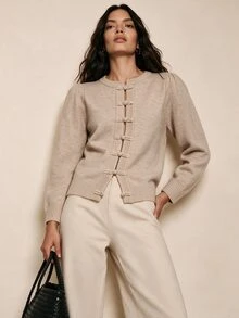 Linhara CURVE Plus Size Comfortable Frog Button Long Sleeve Knit Cardigan, Autumn/Winter - Apricot - View 3
