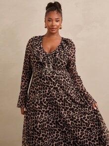 Travachic Plus Size Women's Ruffle Hem Leopard Print Dress Fall Formal Party Evening Beige Elegant - Brown - View 6