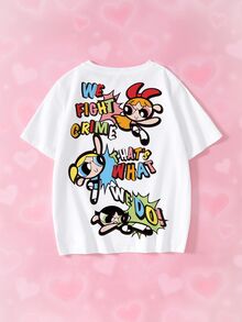 THE POWERPUFF GIRLS X SHEIN Tween Girl Cartoon Print Round Neck Short Sleeve Casual T-Shirt - White - View 1