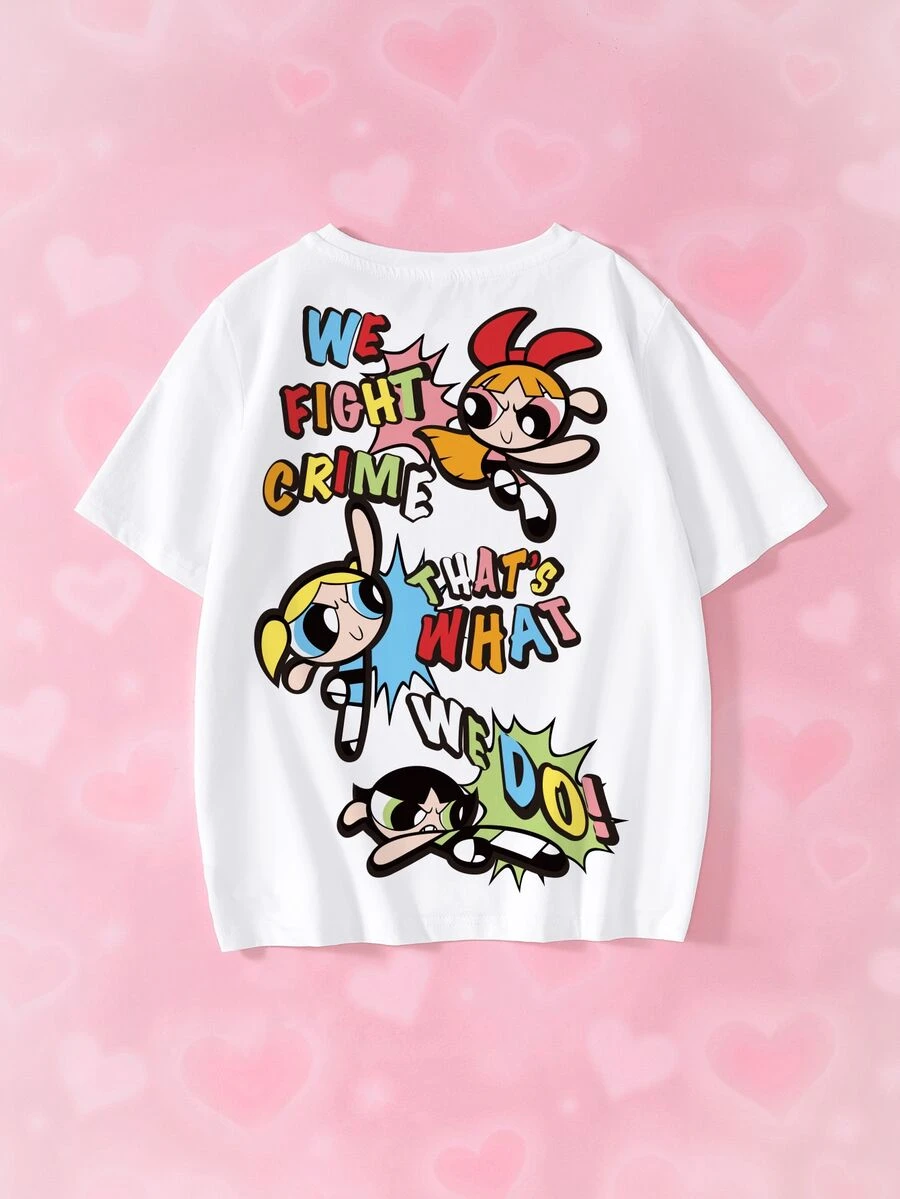 THE POWERPUFF GIRLS X SHEIN Tween Girl Cartoon Print Round Neck Short Sleeve Casual T-Shirt - White - View 1