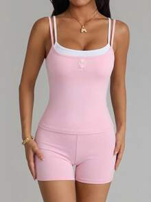SHEIN Dewbera Women's Colorblock 2 In 1 Tank Top And Shorts Sports Set - Pink - View 4