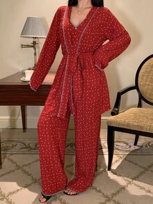 DAZY Women's Polka Dot Print Long Sleeve Robe, Camisole And Pants Pajama Set - Red - View 5