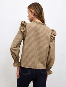 Nöista Áo sơ mi nữ kẻ sọc phối patchwork bèo nhún cài nút đơn phong cách thường ngày - Màu vàng - Xem 5