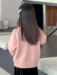 Dazy Kids 少女秋季拼接撞色荷葉邊修身長袖圓領抽繩繫帶休閒開襟衫 - 粉色 - 查看 4