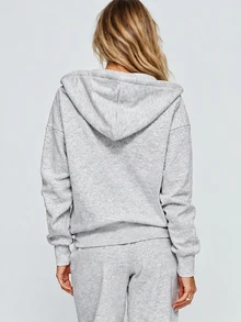 Dewbera Dewbera Front White Grey Two Pieces Sports Suit, Loose Shoulder Zipper Hooded Jacket, Wide Leg Sweatpants, Drawstring Waistband Pocket Casual Yoga Suit Set - Light Grey - View 2
