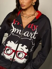 Betty Boop x SHEIN Women's Letter Cartoon Print Casual Daily Sweatshirt - Black - View 4