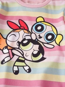 THE POWERPUFF GIRLS X SHEIN Baby Girl Cartoon Print Short Sleeve Top And Striped Contrast Color Shorts Loungewear Set - Multicolor - View 4