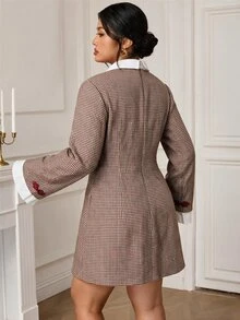 EastFlair Plus Size Women's Houndstooth Placket Long Sleeve Elegant Dress Fall - Multicolor - View 3