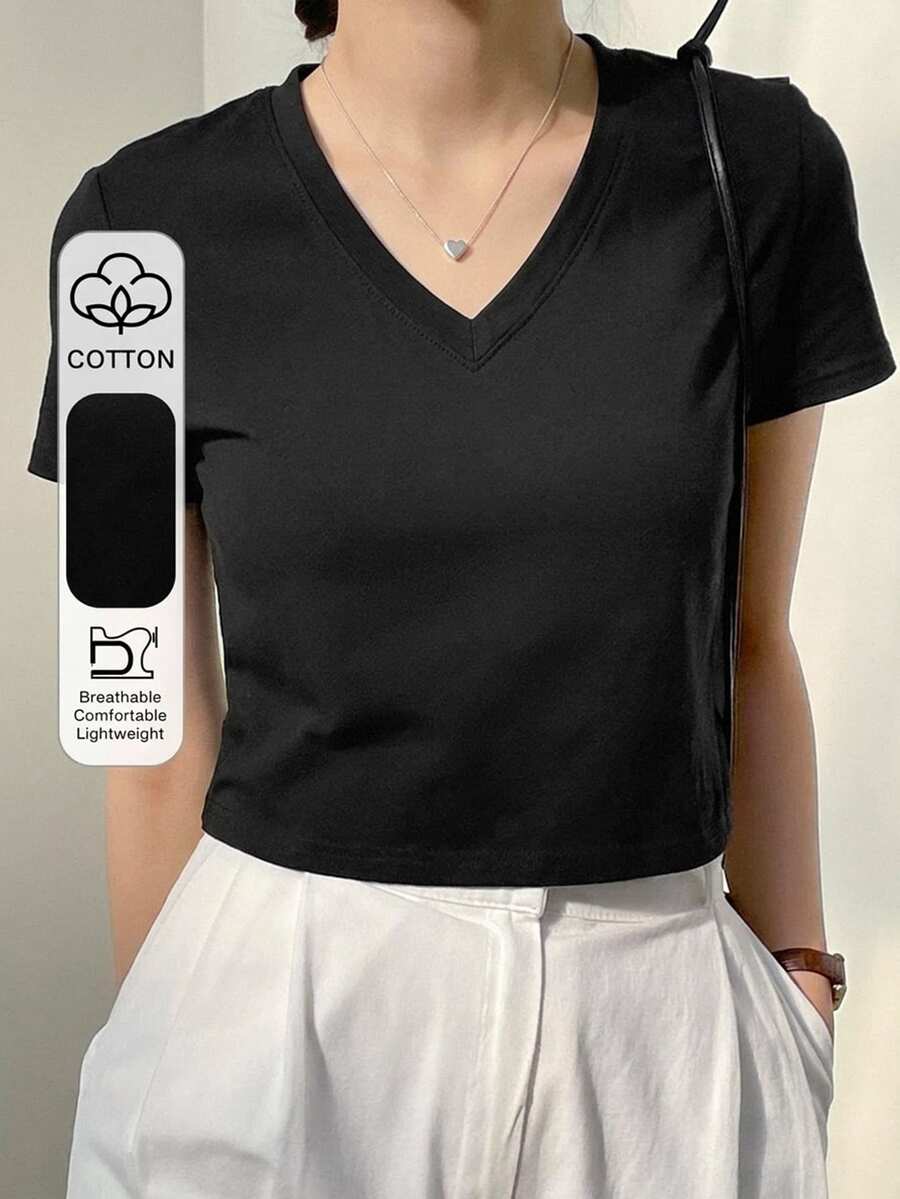 Dazy-Less 女款夏季V領短版休閒街頭風通勤內搭短袖T恤 - 黑色 - 查看 1