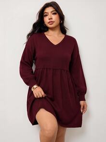 Enliva Plus Size Women Solid Color Pleated V-Neck Casual Everyday Knit Dress - Burgundy - View 3