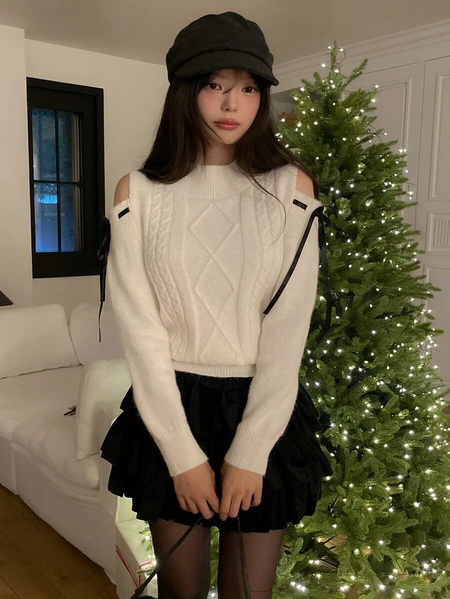 DAZY Women's Cold Shoulder Korean Style Long Sleeve Lace-Up Sweater, Autumn/Winter - White - View 1