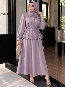 Solavon Plus Size Women's Hollow Embroidery Single-Breasted Shirt And Skirt Elegant Two Pieces Set - Purple - View 7
