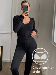 Livesso Women's Solid Color Long Sleeve Top And Pants Pajama Set - Black - View 5