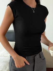 DAZY Black Summer Autumn Minimalist Elegant Knit Base Layer Women's Loungewear Top - Black - View 8