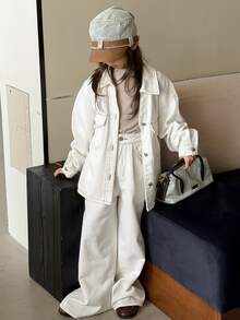 DAZY Set 2 Potong untuk Remaja Putri (Tween Girl): Atasan Kasual Lengan Panjang Denim Leher V + Celana Jeans Denim Potongan Lurus - Putih - View 3