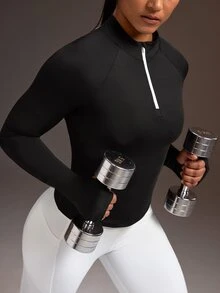 Powerista Women's Minimalist Half-Zip Mesh Sports Sweatshirt - Black and White - View 7