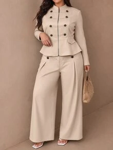 Juhart Plus Size Autumn/Winter Stand Collar Front Zipper Double-Breasted Decorative Button Long Sleeve Wide Leg Napoleon Style 2 Pieces Set - Apricot - View 1