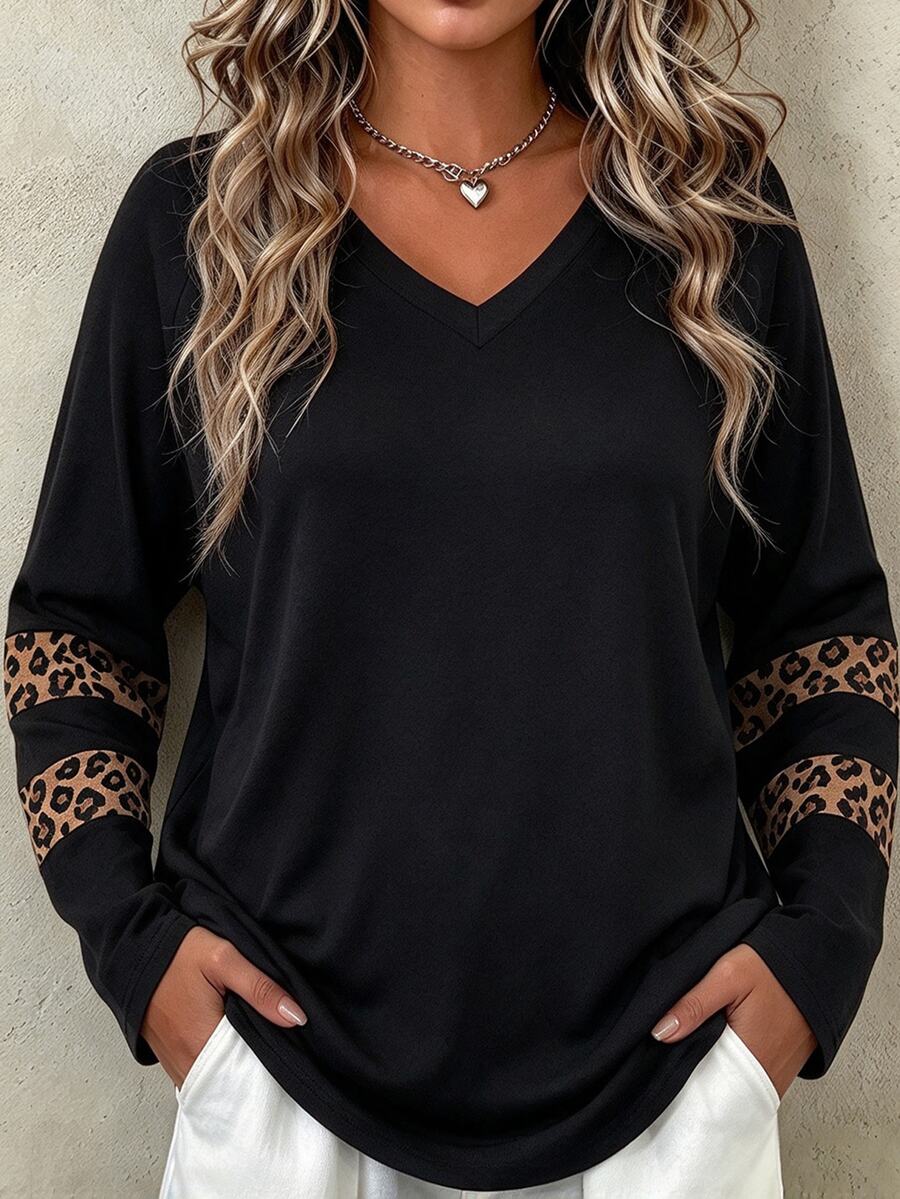 EMERY ROSE Plus Striped Print V Neck Tee Women Tops Fall Cloth For Women - Black - View 1