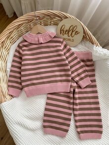 SHEIN Baby Girl Casual Comfortable Daily Versatile Cute Knitted Striped Autumn Top And Pants 2-Piece Set - Pink - View 2