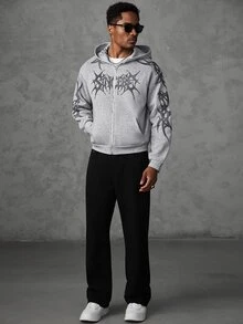 SLATEMANN Men's Gothic Pattern Zip-Up Casual Hoodie - Grey - View 4