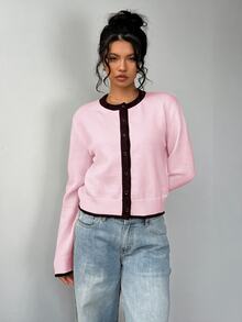 SHEIN BASICS 女款拼色長袖單排扣休閒針織開襟衫 - 粉色 - 查看 3