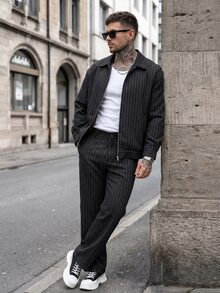 Manfinity CasualCool Men's Striped Zipper Placket Jacket And Pants Casual Set - Black - View 1