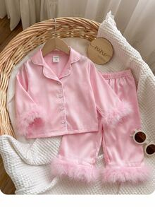Dozemod Baby Girl Sweet Minimalist Bow Pattern Lapel Button Ruffle Trim Long Sleeve Long Pants Comfortable Skin-Friendly Knit Pajama Set 2pcs - Baby Pink - View 10