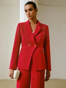 ZEYLAH Women's Elegant Beaded Button Blazer Jacket For Office - Red - View 5