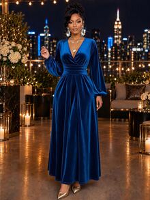 SHEIN Lady فستان طويل كاجوال للحفلات للنساء بلون موحد وياقة V عميقة وتصميم مطوي - الأزرق - مشاهدة 3