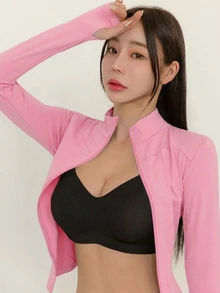 DAZY 女款純色彈性小立領修身長袖夾克，運動休閒，春秋款 - 粉色 - 查看 5