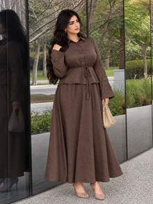 Solavon Plus Size Button Long Sleeve Shirt And Midi Skirt 2 Pieces Set - Coffee Brown - View 4