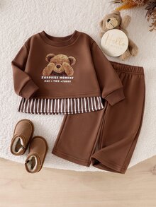 SHEIN Playful Pals Baby Girls Teddy Bear Print Striped Ruffle Hem Sweatshirt & Straight Pants 2Pcs Outfit Set - Coffee Brown - View 6