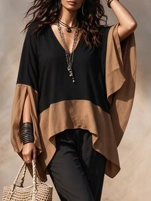 Linhara CURVE Colorblock Patchwork V-Neck Cover Up, Loose Batwing Sleeve Lightweight Atmospheric Shirt Top - Black - View 5