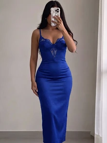 SHEIN SXY 純色蕾絲拼接修身性感夏季細肩帶優雅洋裝，適合派對、夜店、約會之夜、舞會、晚宴場合，皇家藍 - 寶藍色 - 查看 1