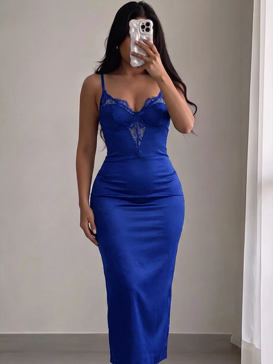 SHEIN SXY 純色蕾絲拼接修身性感夏季細肩帶優雅洋裝,適合派對、夜店、約會之夜、舞會、晚宴場合,皇家藍 - 寶藍色 - 查看 1