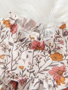 SHEIN 少女棕色溫柔風簡約花卉印花長袖套頭洋裝，寬鬆版型，優雅大方，適合外出與購物 - 彩色 - 查看 4