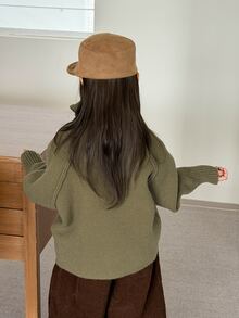 DAZY Tween Girl) Stand Collar Casual Cardigan Sweater, Thick Solid Color Basic Open Front Knitwear, Autumn/Winter - Green - View 2