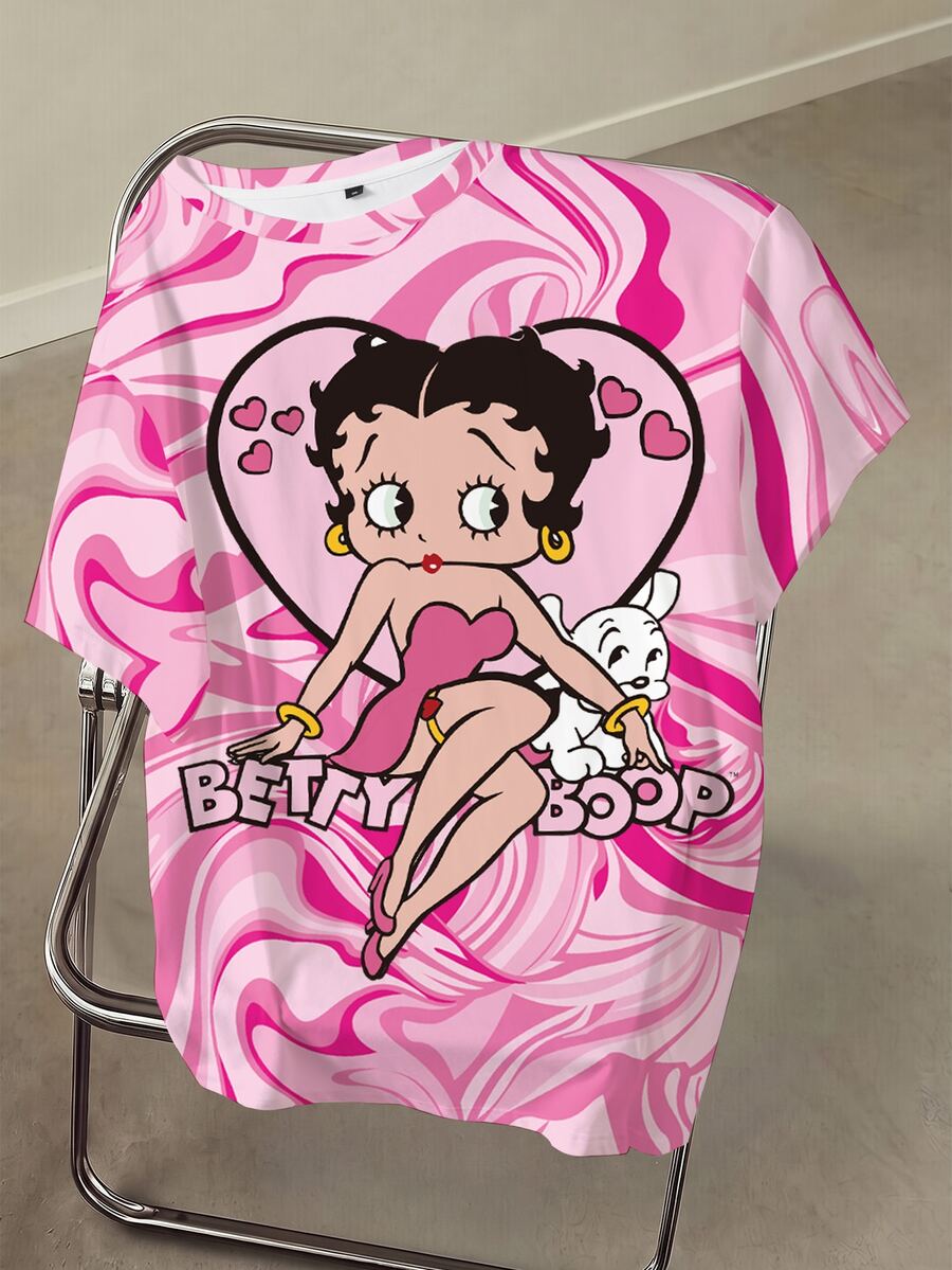 Betty Boop x SHEIN Plus Size Women's Letter & Cartoon Print Casual Daily Short Sleeve T-Shirt - White - View 1