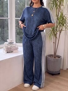 SHEIN EZwear Plus Size Women's Leopard Print Short Sleeve Top And Long Pants Casual Everyday Set - Navy Blue - View 6