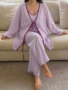 Dazy Plus 3pcs Colorblock Floral Camisole Cardigan Top & Long Pants Loungewear Set, Spring Summer Autumn Pajama Set - Dusty Purple - View 3