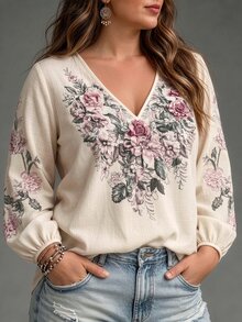 Linhara CURVE Plus Size Intricate Multicolor Floral V-Neck Long Sleeve Loose Blouse, Casual Elegant Shirt For Outings, Dates, Gatherings And Parties Fall - Apricot - View 6