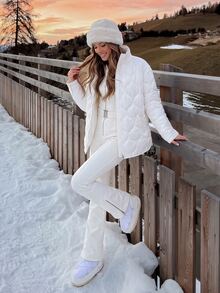 SHEIN BASICS Women's Solid Color Zipper Casual Versatile Winter Padded Coat - White - View 12