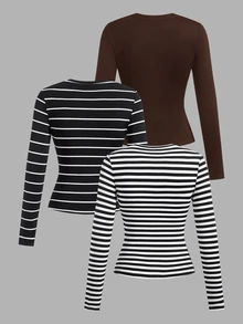 SHEIN EZwear 女款 3 件組圓領休閒極簡修身長袖長版 T 恤套裝，適合秋季 - 彩色 - 查看 2