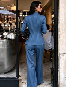 Penseblé 女款 2 件式直條紋西裝套裝，春秋優雅商務套裝，尖領雙排扣金鈕修身西裝外套與直筒長褲 - 藍色 - 查看 2