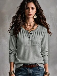 SHEIN Elegant Beige Ribbed Knit Long Sleeve Top, Vintage Half-Button Henley Collar, Commuter Outerwear Base Layer Sweater - Light Grey - View 5