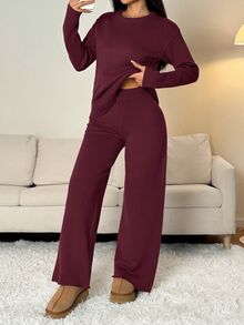 SHEIN PETITE 女款純色圓領長袖毛衣與長褲休閒套裝，標準版型，秋冬小個子居家室內度假咖啡棕 - 中紫紅色 - 查看 12
