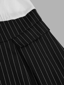 Elenzga Plus Size Women's Autumn Fashion Office Commute Colorblock Patchwork Striped Print Cinched Waist Pleated A-Line Short Blouse Long Sleeve Dress Fall - Black and White - View 8